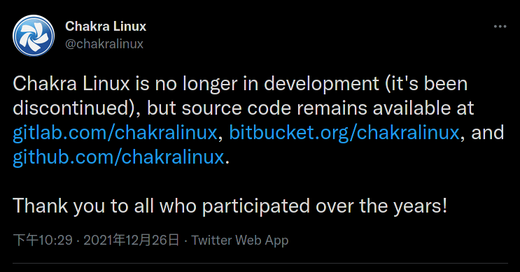 Chakra GNU/Linux 項目宣布終止開發，歷時 15 年正式結束